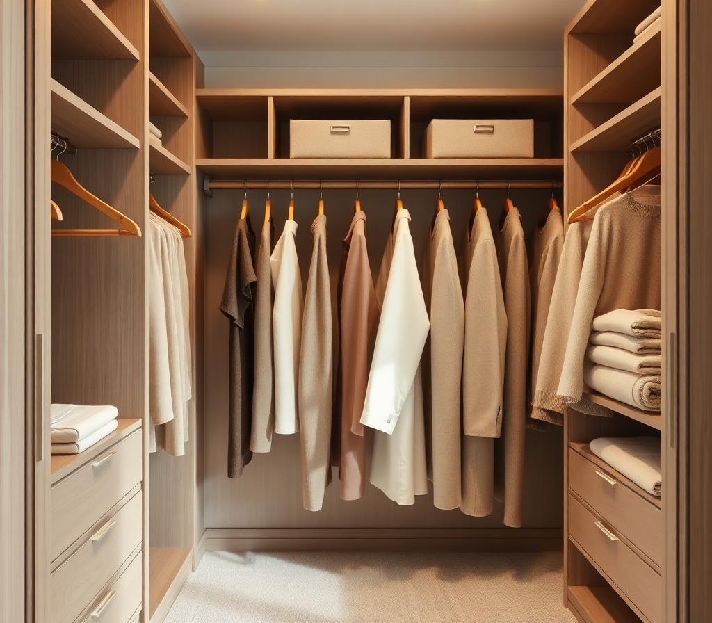 Styled walk-in closet with neutral cashmere and wooden hangers