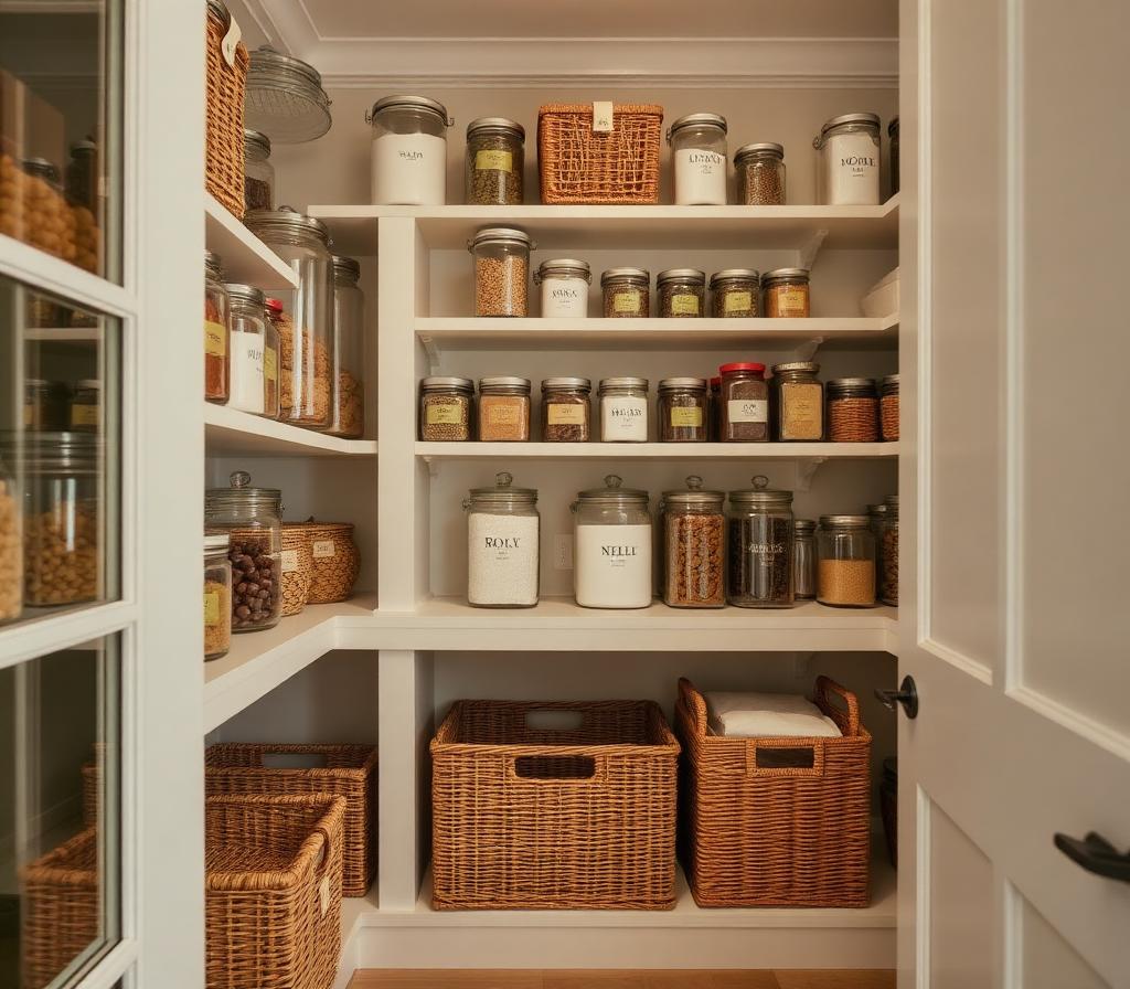 Organized pantry with glass canisters and woven baskets