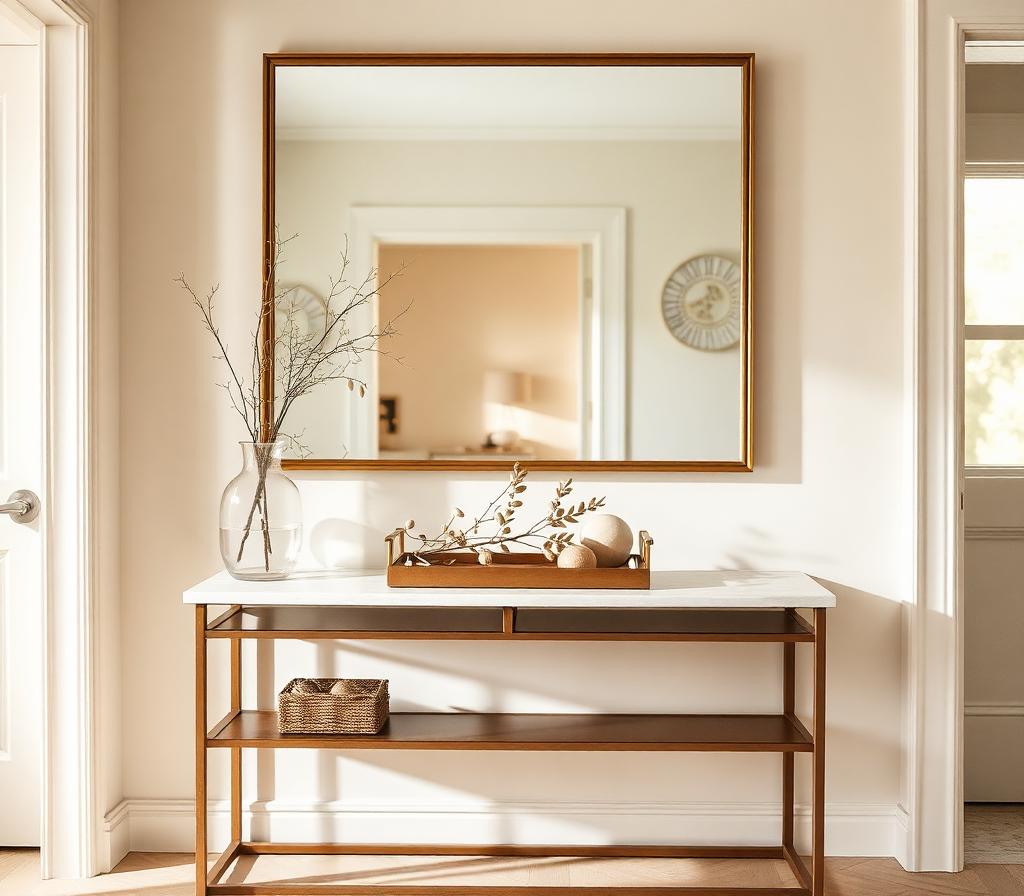 Refined entryway with console table and brass mirror