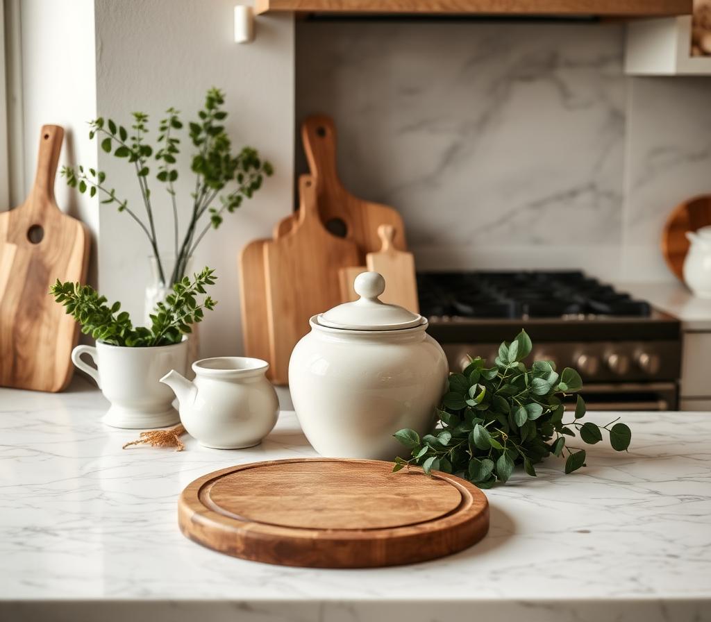 Styled marble kitchen counter with boards and greenery